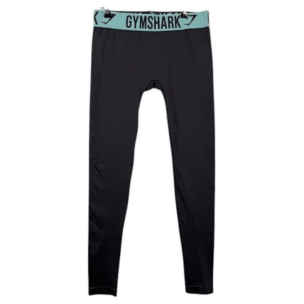 Gymshark Flex Low Rise Leggings Charcoal Gray with Aqua Band Size Small
